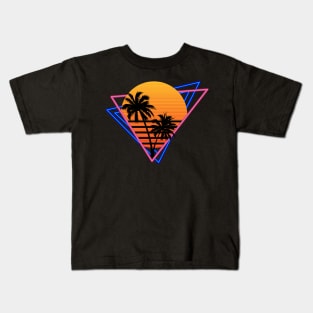 80s Retro Neon Synthwave Inspired Sunset and Palm Trees Kids T-Shirt